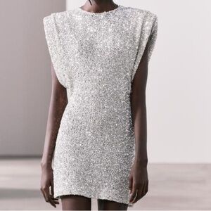 ZARA SHOULDER PADS SEQUIN DRESS ZW COLLECTION SILVER